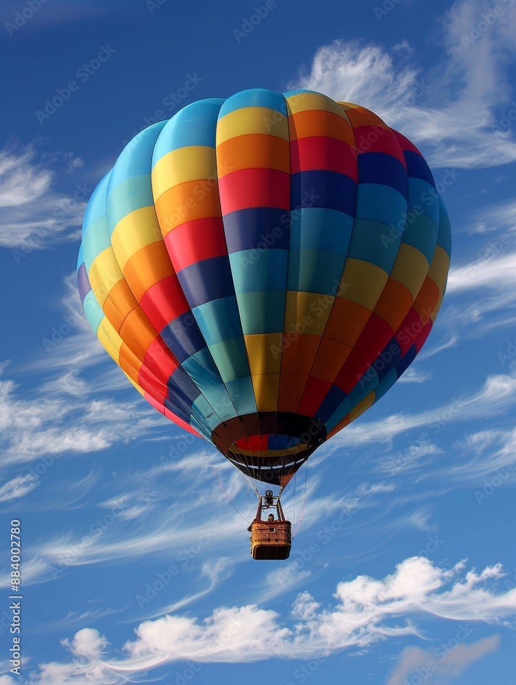 Obraz premium colorful hot air balloon, blue skies, sparse clouds, National Geographic photography 