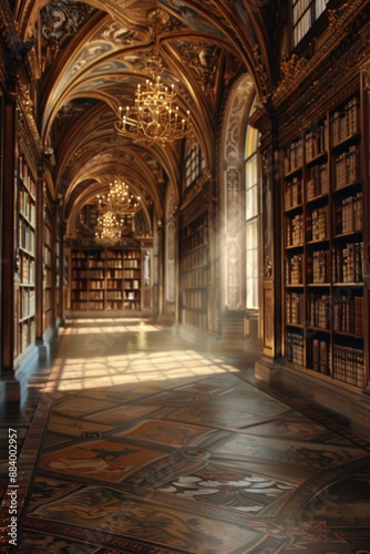 An empty grand library, with towering bookshelves, ancient tomes, and golden chandeliers illuminating the space. 