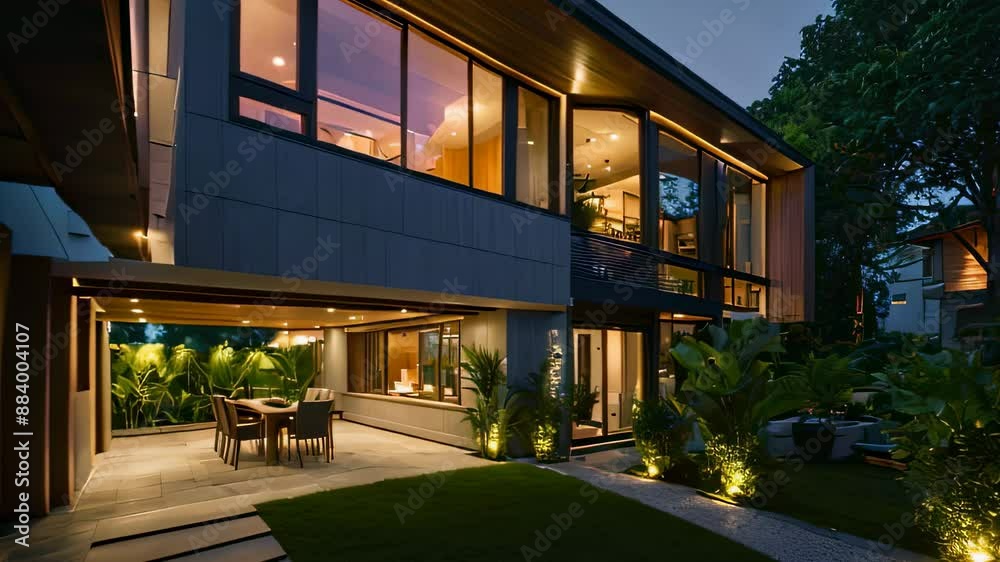 Video animation of modern two story house during the evening with interior and exterior lights on Video animation of modern two story house during the evening with interior and exterior lights on