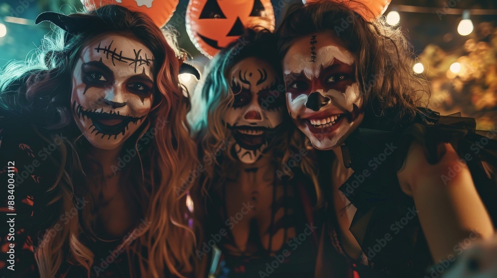 Three people with painted faces and costumes, one of them wearing a black hat Three people with painted faces and costumes, one of them wearing a black hat
