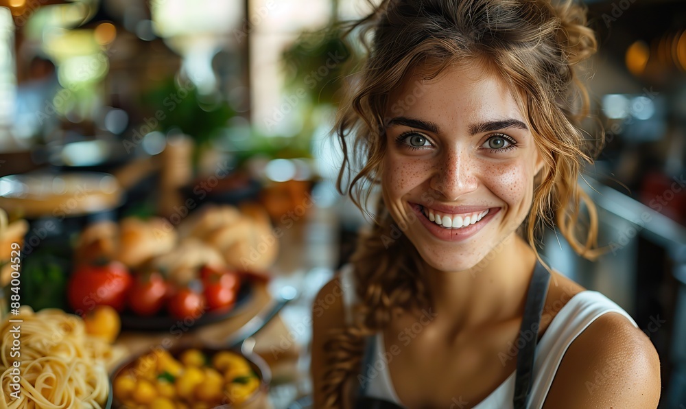 A cheerful woman chats and prepares wholesome pasta and vegetable meals at a table with friends, her smile capturing the moment for the camera. A cheerful woman chats and prepares wholesome pasta and vegetable meals at a table with friends, her smile capturing the moment for the camera.
