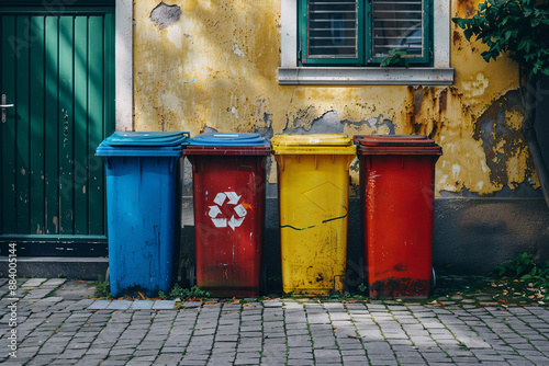 Recycling bins. Colorful trash cans in a row in the city. Recycling concept. Garbage recycling . Cleaning ecoligy concept 