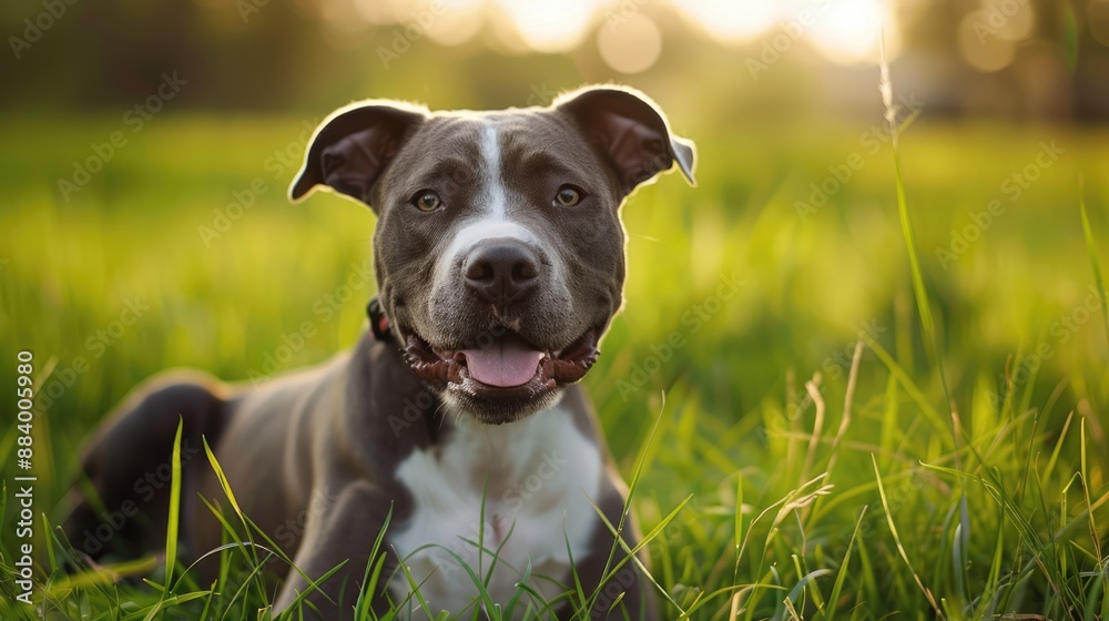 blue and white Pit Bull outdoors on a large grass field blue and white Pit Bull outdoors on a large grass field