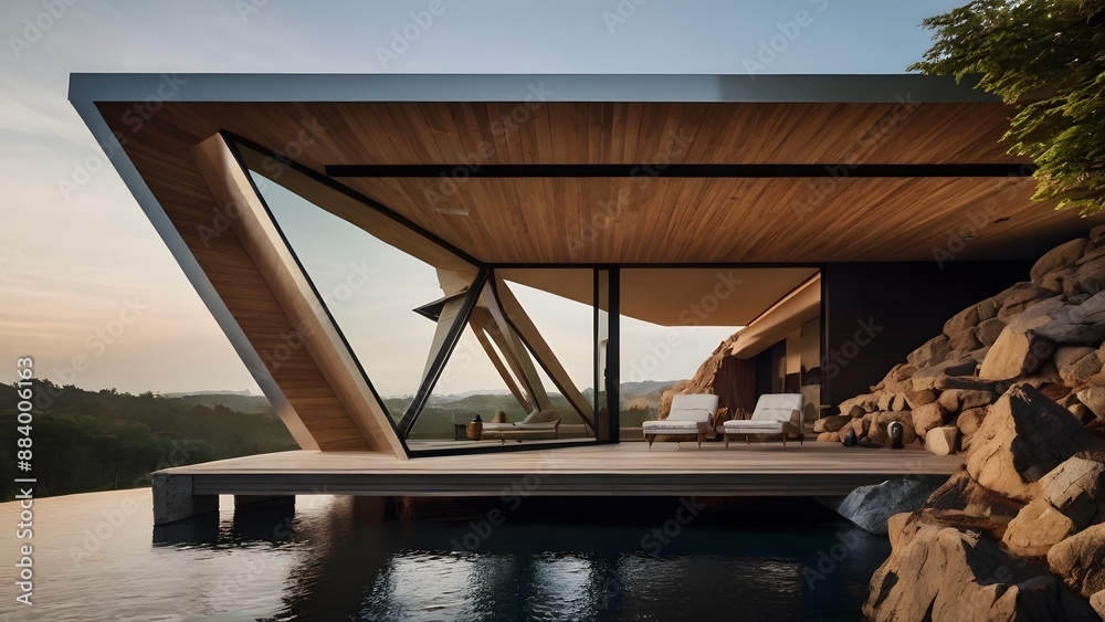 Obraz premium Triangular Elegance Merging Nature’s Beauty with Luxurious Design House Generated by Ai 