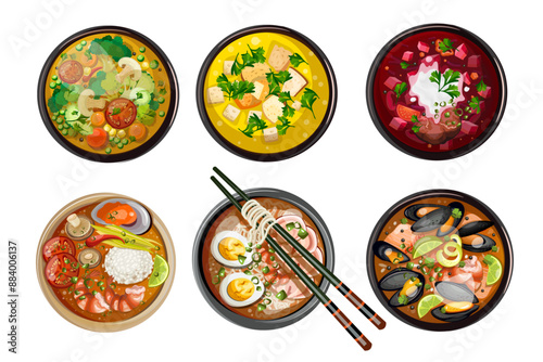 Set of famous soups of the world