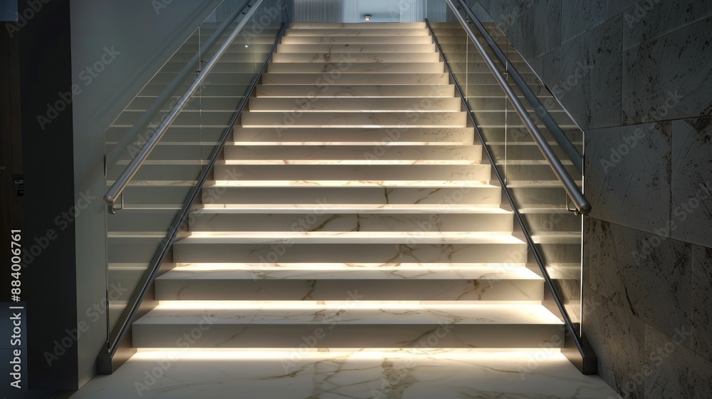 A contemporary staircase with glass railings and hidden lighting