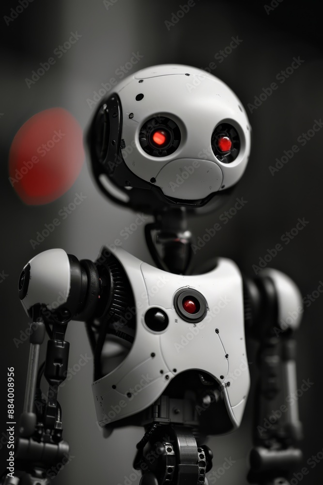 Robotic figure with illuminated red eyes in monochrome urban background, showcasing advanced AI tech. Robotic figure with illuminated red eyes in monochrome urban background, showcasing advanced AI tech.