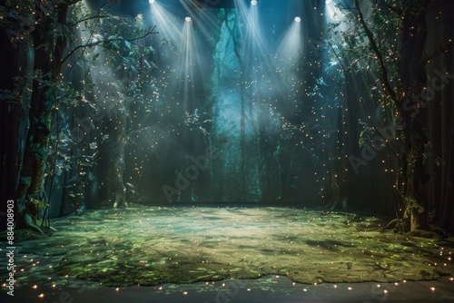 An empty stage in an enchanted forest, with bioluminescent plants, a glowing moss-covered floor, and twinkling lights resembling fireflies. 