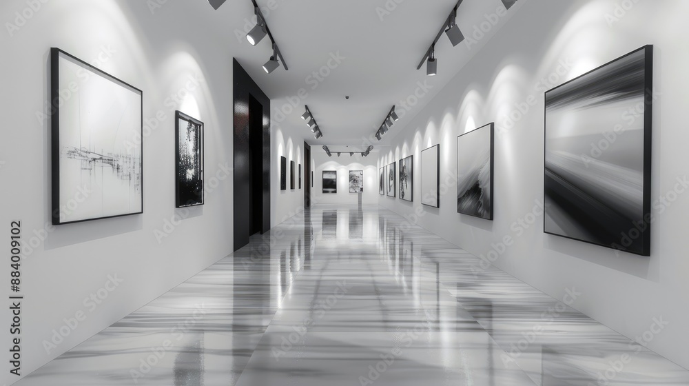Naklejka premium A modern art gallery hallway with track lighting and monochrome artwork