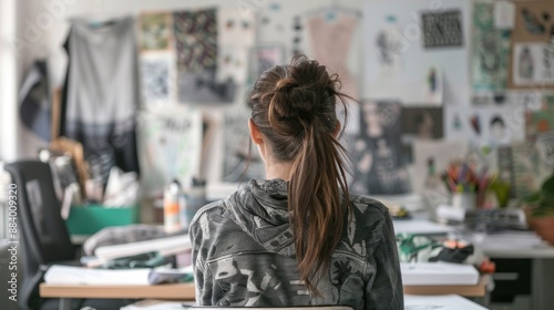 Woman sitting at a desk with her back to the camera, looking at a wall covered in papers and drawings.