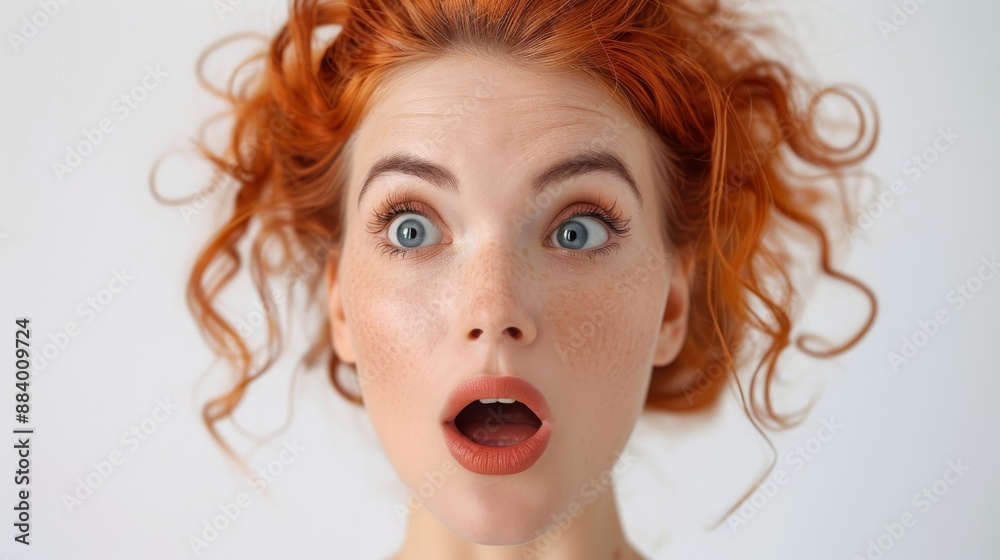 Redhead woman with freckles and blue eyes looks surprised with mouth open Redhead woman with freckles and blue eyes looks surprised with mouth open