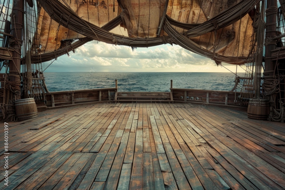 Fototapeta premium An empty stage on a pirate ship deck, with wooden planks, tattered sails billowing above, and the ocean horizon in the background.