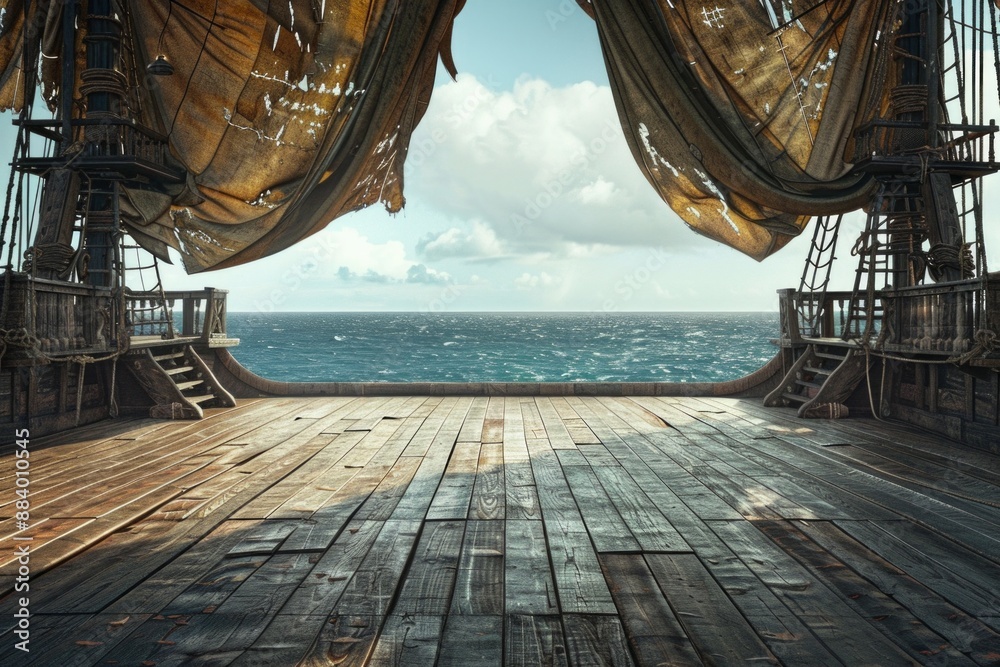 Naklejka premium An empty stage on a pirate ship deck, with wooden planks, tattered sails billowing above, and the ocean horizon in the background.