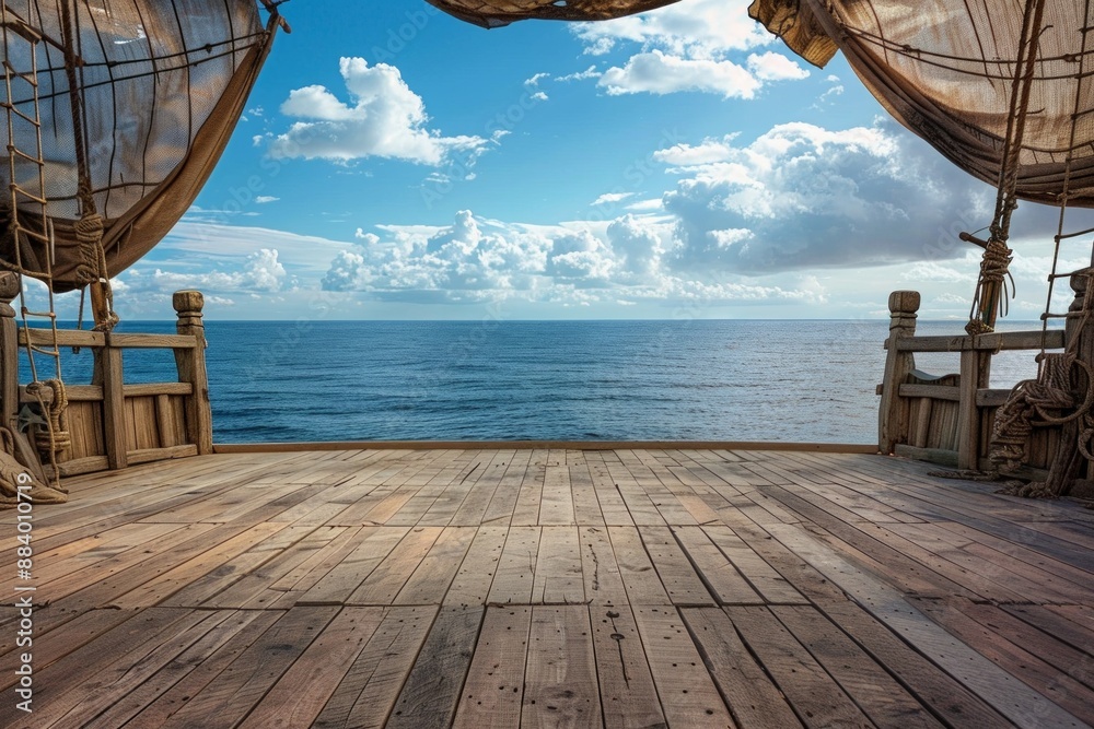 Fototapeta premium An empty stage on a pirate ship deck, with wooden planks, tattered sails billowing above, and the ocean horizon in the background. 