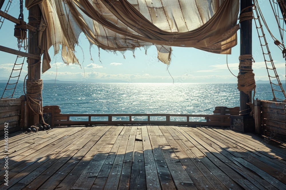Fototapeta premium An empty stage on a pirate ship deck, with wooden planks, tattered sails billowing above, and the ocean horizon in the background.