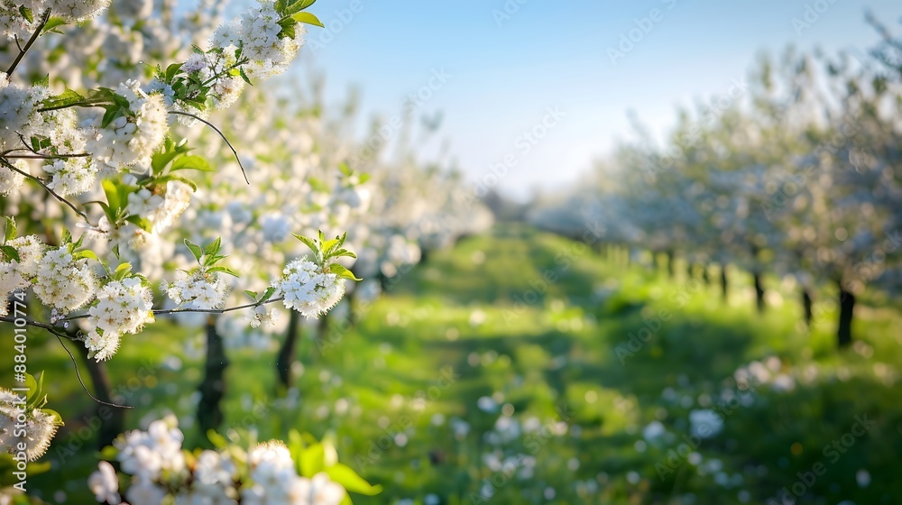 Orchard in full bloom with rows of flowering trees under a clear blue sky, providing a fresh and rejuvenating background. Orchard in full bloom with rows of flowering trees under a clear blue sky, providing a fresh and rejuvenating background.