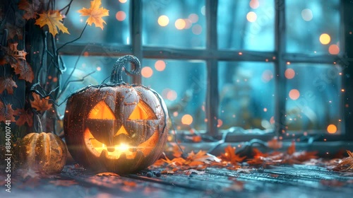 halloween Lantern mini Frame wood with landscape home halloween decorations. Seamless looping time-lapse virtual 4k video animation background