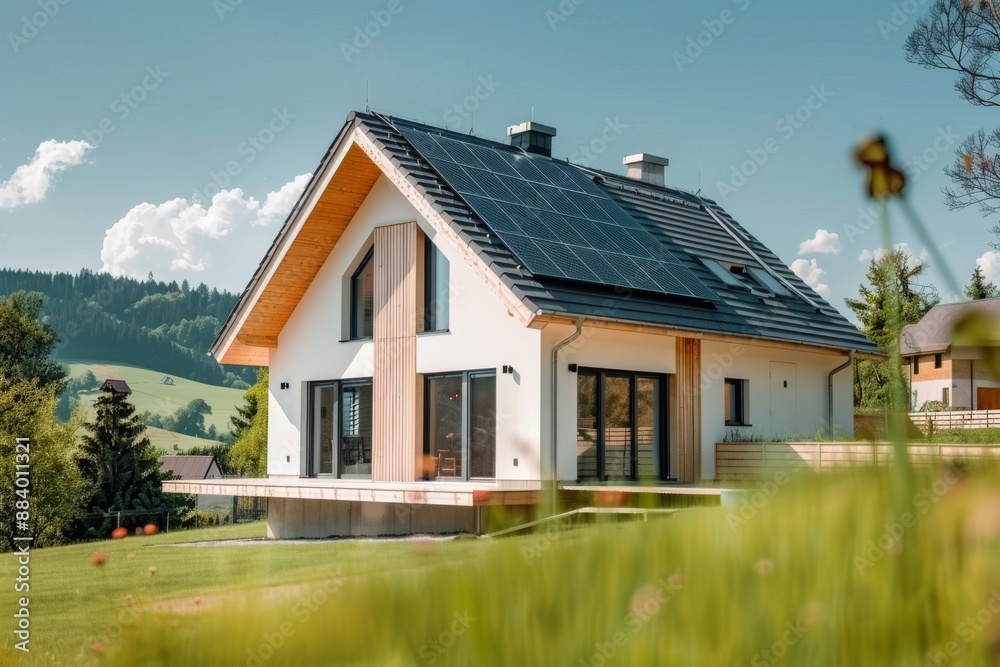 house with solar panels on the roof, white walls and black windows, green garden in front of it house with solar panels on the roof, white walls and black windows, green garden in front of it