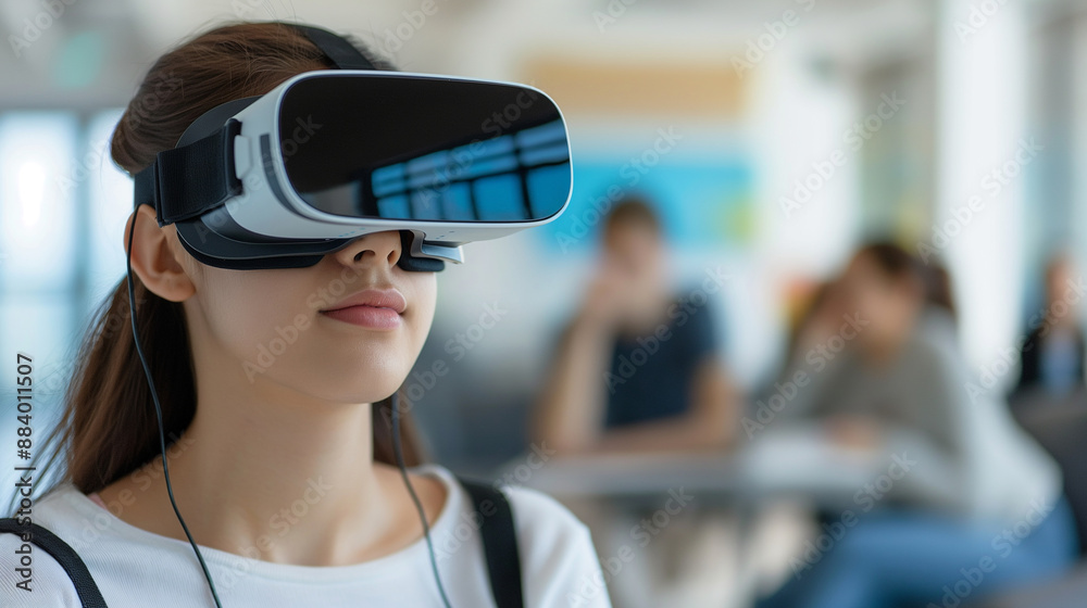 A telephoto angle photo of a student wearing virtual reality glasses, fully immersed in a virtual environment, showcasing modern technology in education, with copy space A telephoto angle photo of a student wearing virtual reality glasses, fully immersed in a virtual environment, showcasing modern technology in education, with copy space
