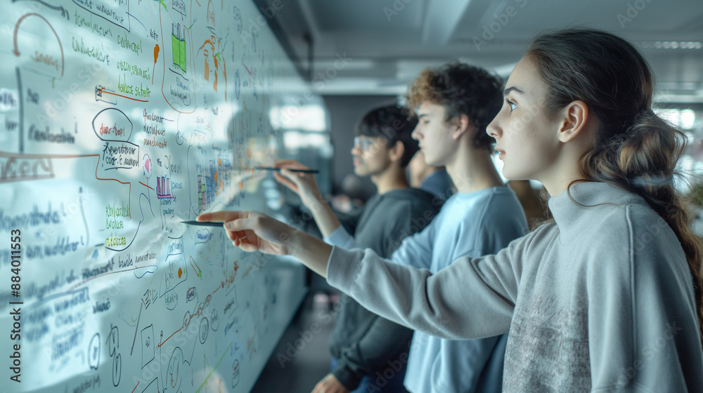 A telephoto angle photo of students collaborating on a digital whiteboard, using stylus pens to create diagrams and notes in a virtual classroom, with copy space