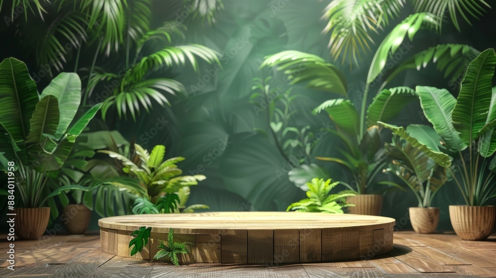 Lush Green Plants and Wooden Platform in Tropical Setting Lush Green Plants and Wooden Platform in Tropical Setting