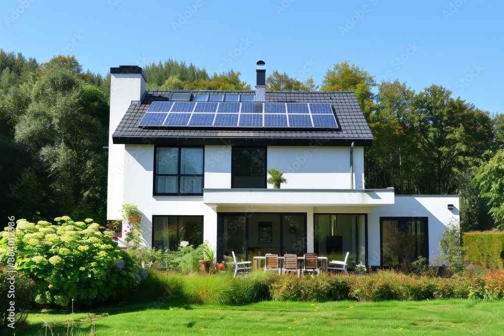house with solar panels on the roof, white walls and black windows, green garden in front of it house with solar panels on the roof, white walls and black windows, green garden in front of it