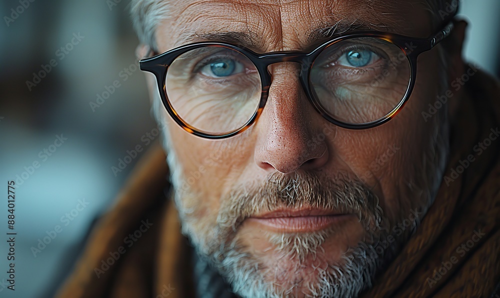 A close-up, slow-motion video portrait of a middle-aged man wearing glasses, looking at the camera with a serious expression.