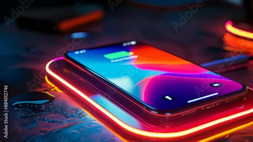 Futuristic smartphone with battery charging indicator on, placed on neon glowing wireless charging pad, dark surface, night, advanced technology, modern gadget, wireless power transfer concept