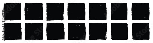 Brush stroke, ink paint brush, grunge lines. Black square shapes with ripped jagged borders on white background. Vintage grunge boxes for collage, text, banner, sticker, poster design.
