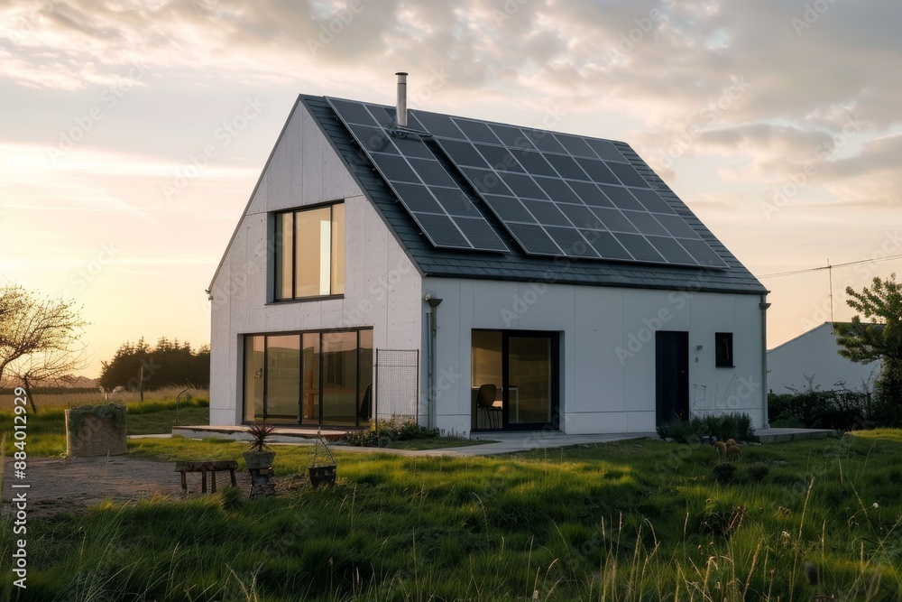 house with solar panels on the roof, white walls and black windows, green garden in front of it