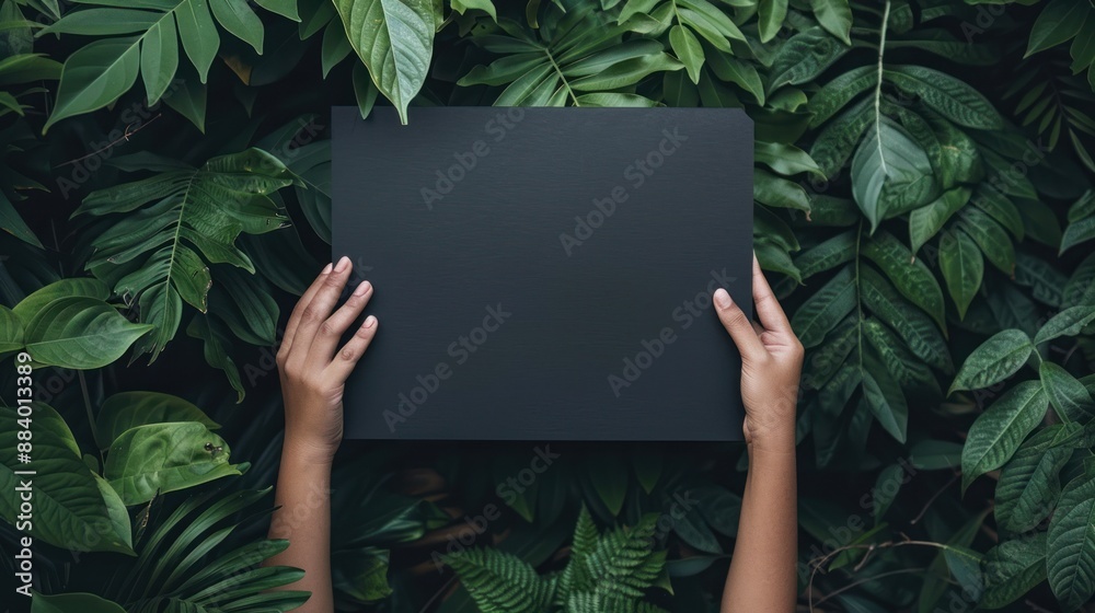 Black Card Mockup with Green Leaves. Black Card Mockup with Green Leaves.