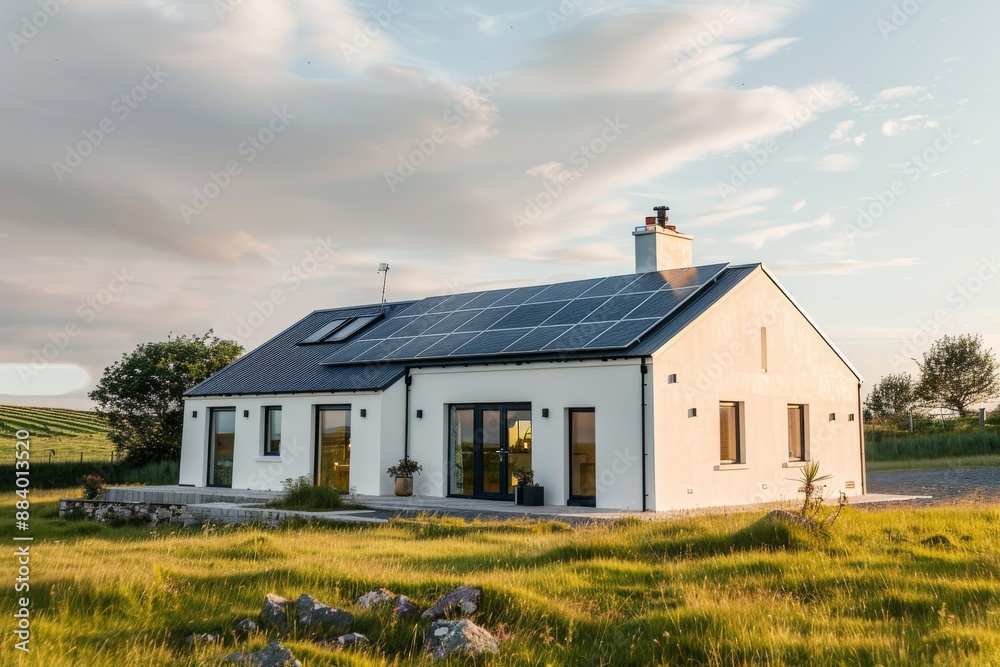 house with solar panels on the roof, white walls and black windows, green garden in front of it house with solar panels on the roof, white walls and black windows, green garden in front of it