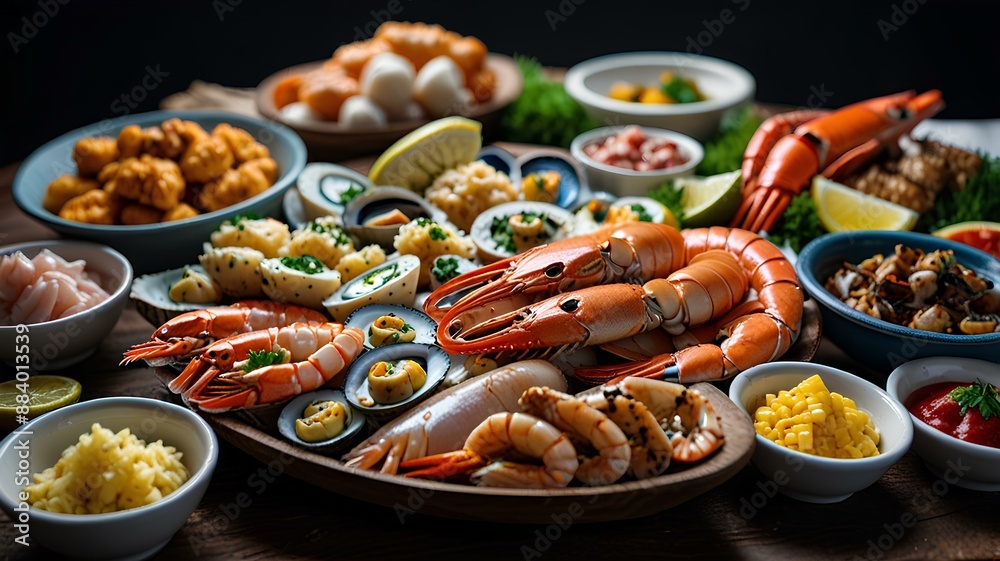A table full of seafood and other food items. A table full of seafood and other food items.