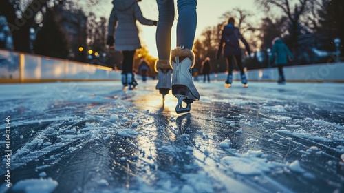 Blurred motion of ice skaters on a frozen lake at sunset photo
