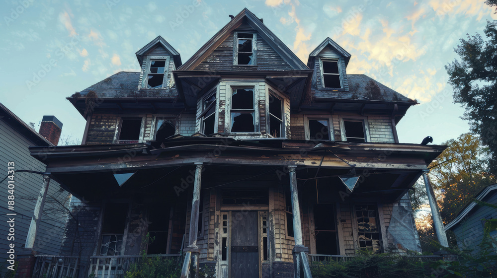 Abandoned Haunted House With Broken Windows. The image captures a dilapidated and eerie house with broken windows, evoking a sense of mystery and fear. Abandoned Haunted House With Broken Windows. The image captures a dilapidated and eerie house with broken windows, evoking a sense of mystery and fear.