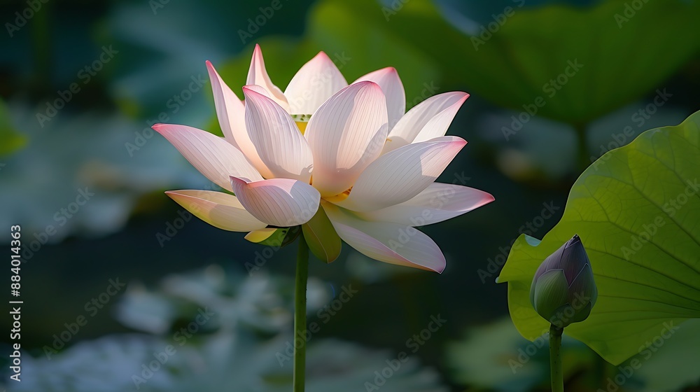 Fototapeta premium Delicate lotus flower blooms bathed in soft sunlight Beauty unfolds one petal at a time. Ai generated