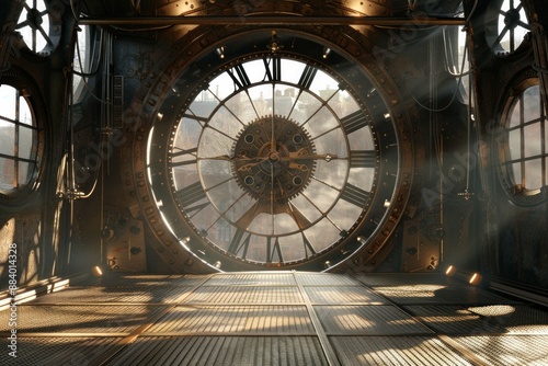 An empty stage set inside a giant clock tower, with enormous clock gears, a metal-grate floor, and shafts of light streaming through the clock face. 