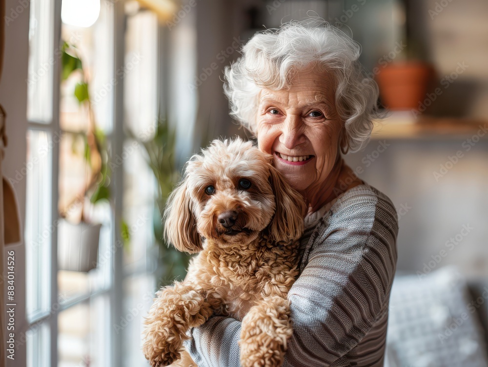 Senior woman standing in a room, holding a pet dog.