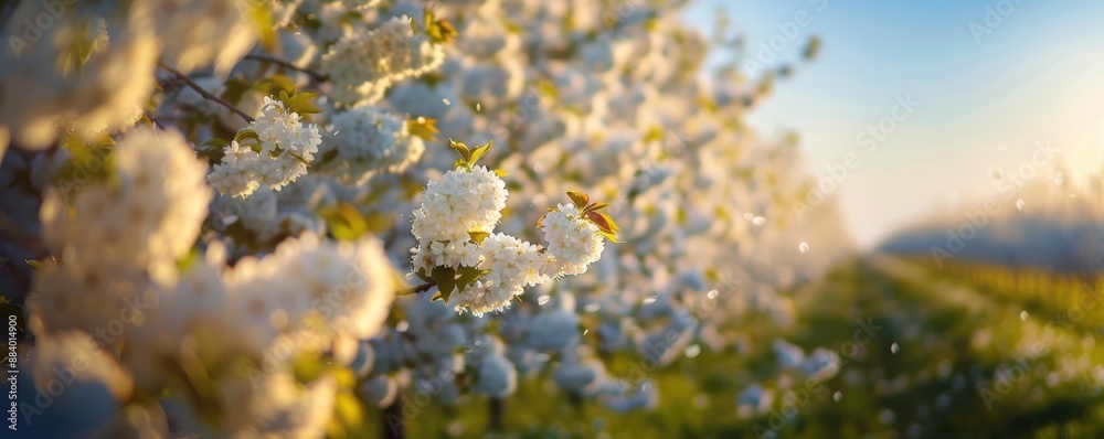 Beautiful blossoming orchard in springtime sunlight with white flowers in full bloom and morning dew. Beautiful blossoming orchard in springtime sunlight with white flowers in full bloom and morning dew.