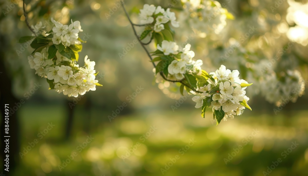 Beautiful blossoming tree branch with white flowers in a sunny spring garden, creating a serene and peaceful nature scene. Beautiful blossoming tree branch with white flowers in a sunny spring garden, creating a serene and peaceful nature scene.