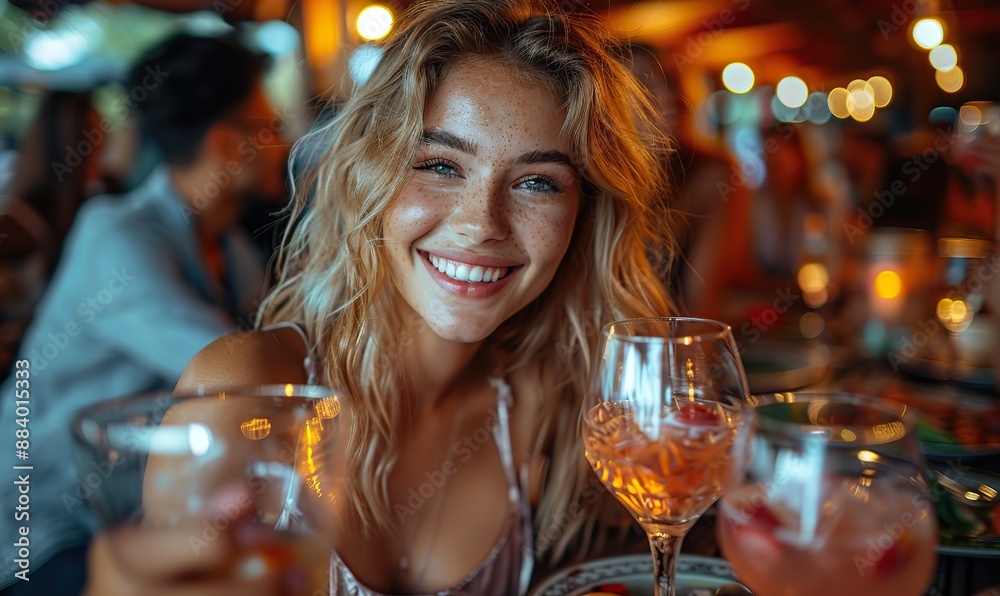 Young, multi-ethnic friends celebrate happy hour in a bar, raising cocktail glasses in cheers. Young, multi-ethnic friends celebrate happy hour in a bar, raising cocktail glasses in cheers.