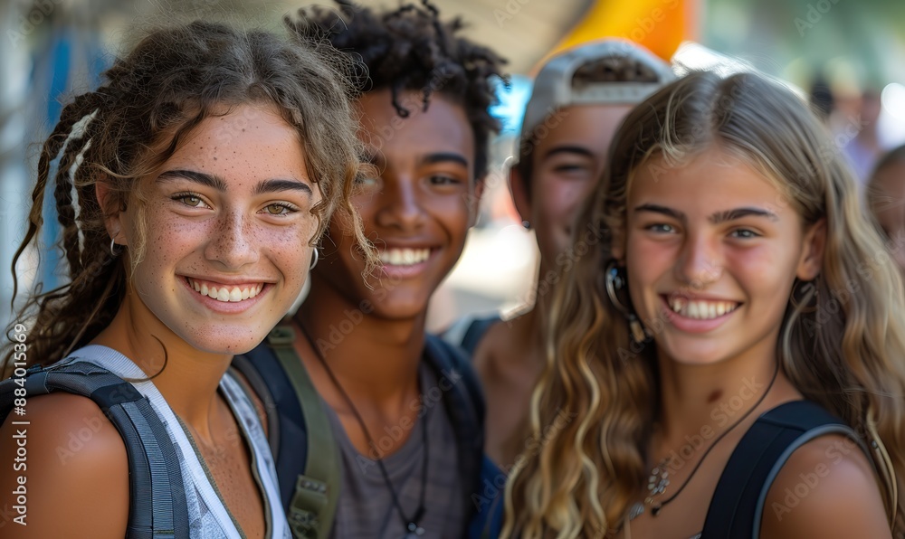 A happy group of multi-ethnic young friends smile together at the camera while hanging out in a downtown street or university campus. A happy group of multi-ethnic young friends smile together at the camera while hanging out in a downtown street or university campus.