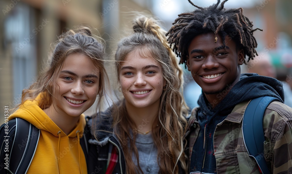 A happy group of multi-ethnic young friends stand together, smiling at the camera while having fun hanging out in a downtown street or university campus. A happy group of multi-ethnic young friends stand together, smiling at the camera while having fun hanging out in a downtown street or university campus.