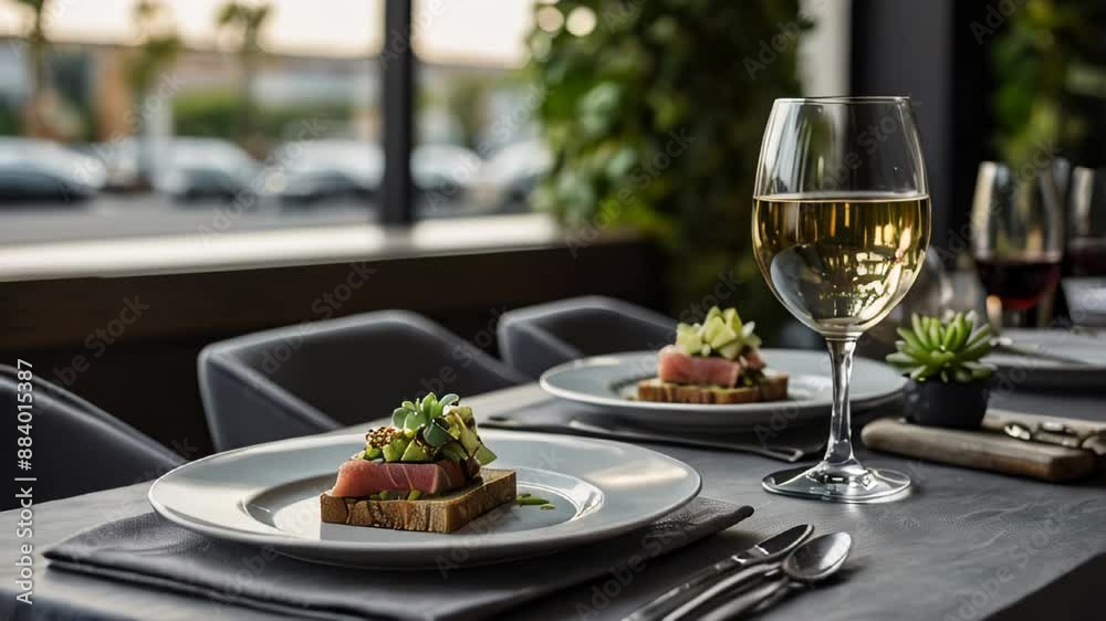 Elegant table setting with appetizers and white wine in a modern restaurant Elegant table setting with appetizers and white wine in a modern restaurant