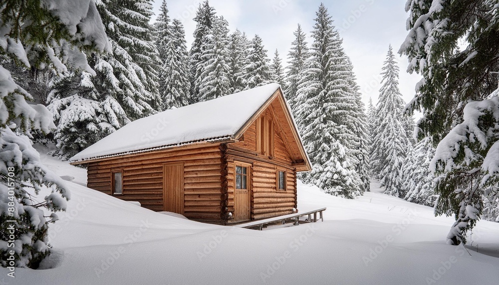 Rustic wooden cabin in a snowy forest Rustic wooden cabin in a snowy forest