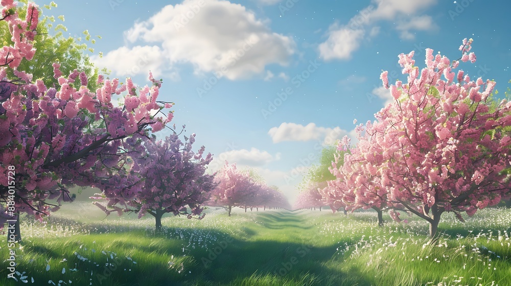 Orchard in full bloom with rows of flowering trees under a clear blue sky, providing a fresh and rejuvenating background. Orchard in full bloom with rows of flowering trees under a clear blue sky, providing a fresh and rejuvenating background.
