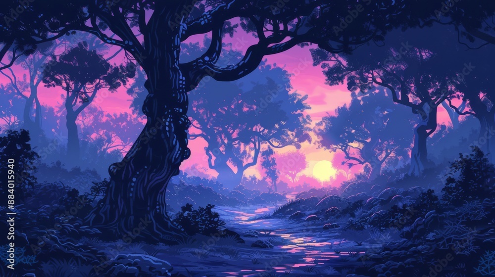 Obraz premium Mystical sunset in the heart of an enchanted forest