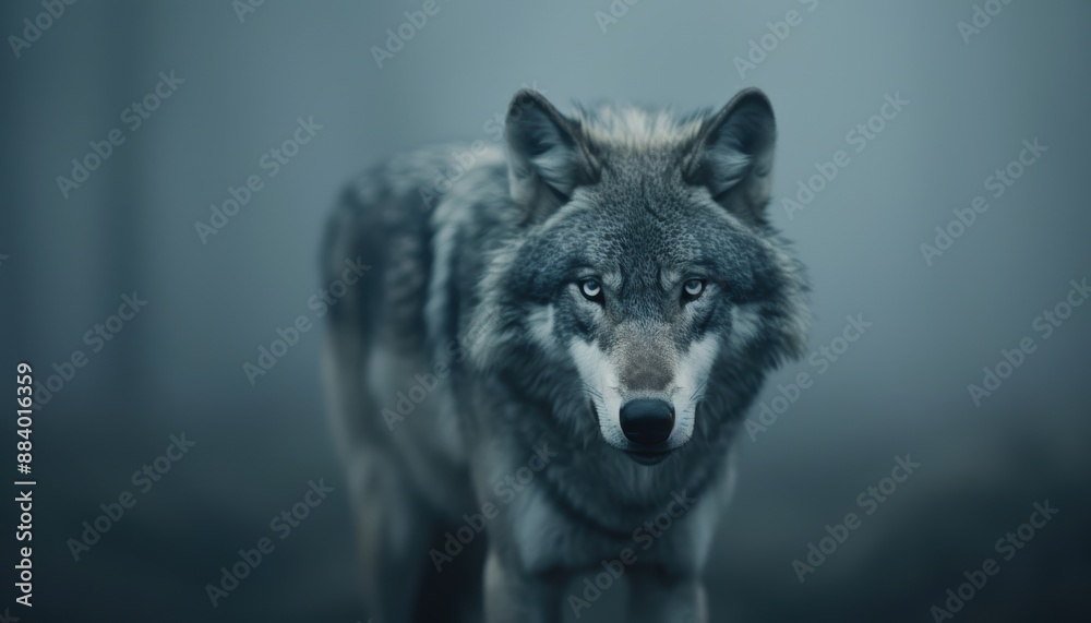 Close-up of a majestic wolf in a misty forest. The wolf's piercing eyes and thick fur create a mysterious and captivating scene. Close-up of a majestic wolf in a misty forest. The wolf's piercing eyes and thick fur create a mysterious and captivating scene.