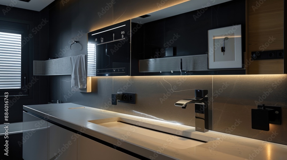 A sleek bathroom with a digital mirror and a touchless faucet A sleek bathroom with a digital mirror and a touchless faucet