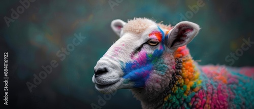 Close-up of a sheep with colorful wool in an abstract, artistic style with a dark, bokeh background.